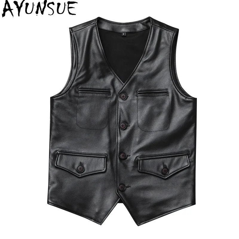 AYUNSUE Men's Leather Vest Top Layer Cowhide Short Slim Waistcoat Genuine Leather Coat Black Sleeveless Jacket Men Clothing 2026