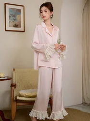 Pink Women Silk Ruffles Long Sleeve Princess Pyjama Pour Femme Sleepwear Loungewear Sweet Girl Nightwear Two Piece Sets