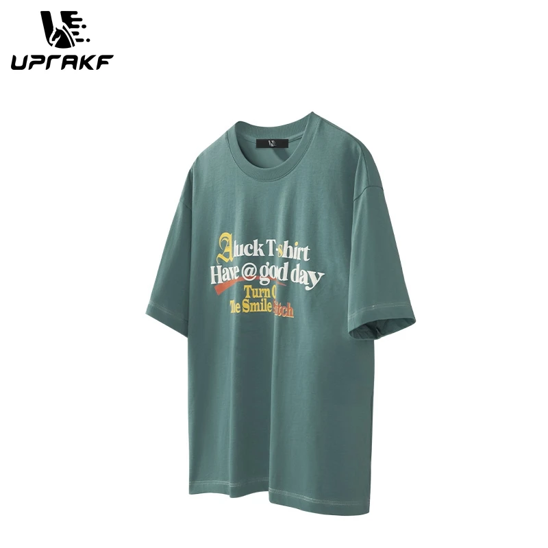 UPRAKF Y2K Streetwear A Luck T Shirt Have A Good Day Letter Print Cotton Oversize Summer Hip Hop Brief Style Short Sleeve Tee