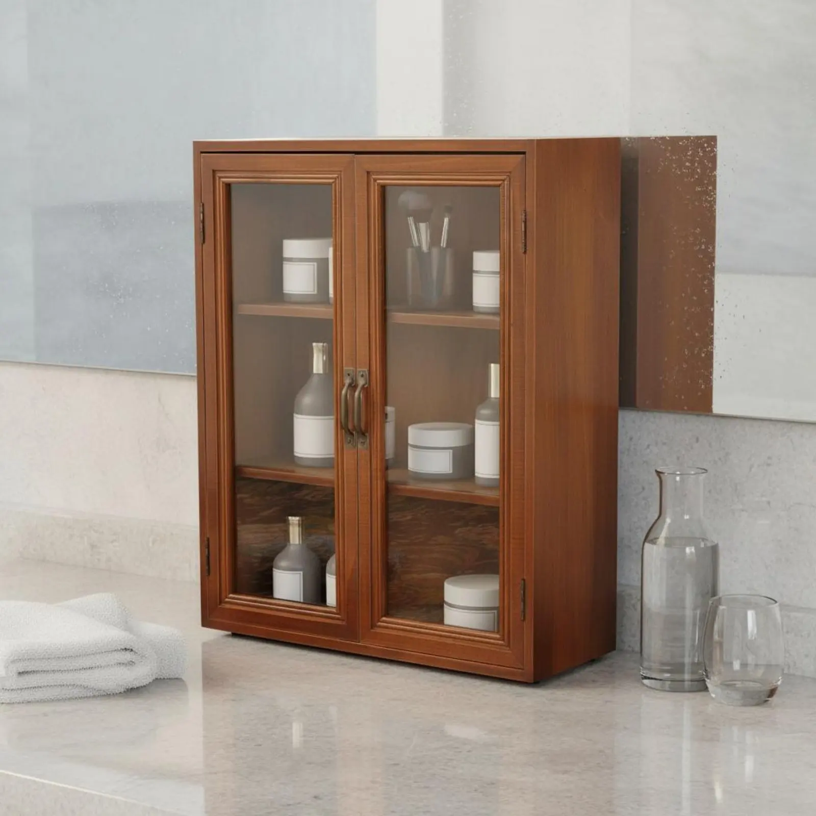 レトロな収納キャビネット-ガラス扉-省スペース設計-木製デスクトップキャビネット-ヴィンテージディスプレイケース-飛散物防止-耐性あり