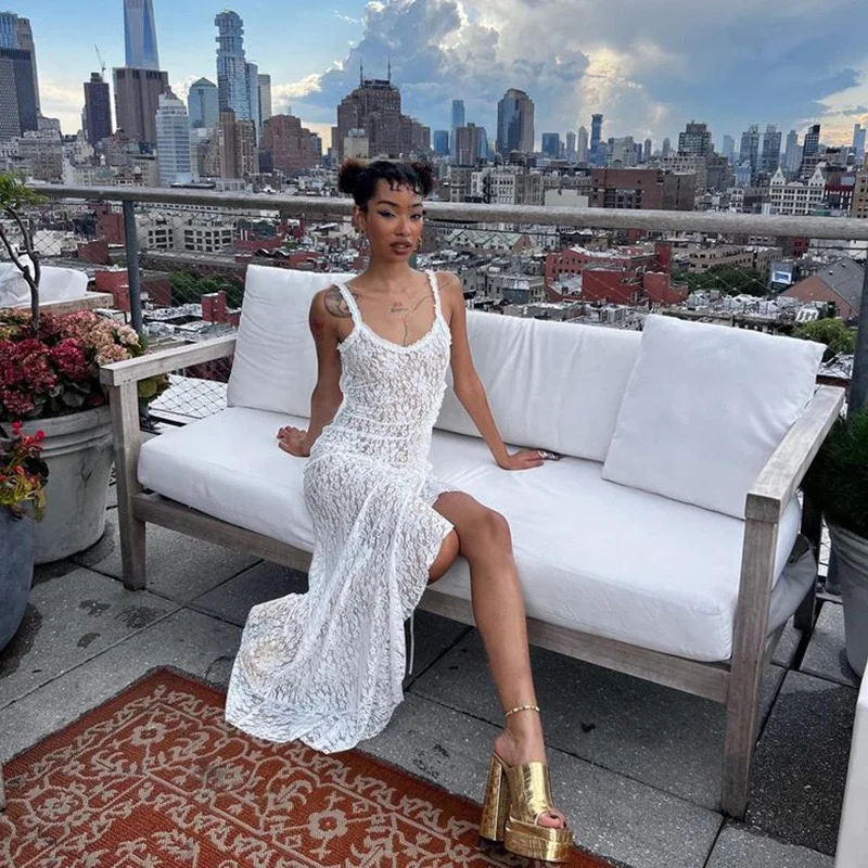 Robe froncée transparente en dentelle pour femmes, Style européen et américain, bretelles, épaules dénudées, 2025