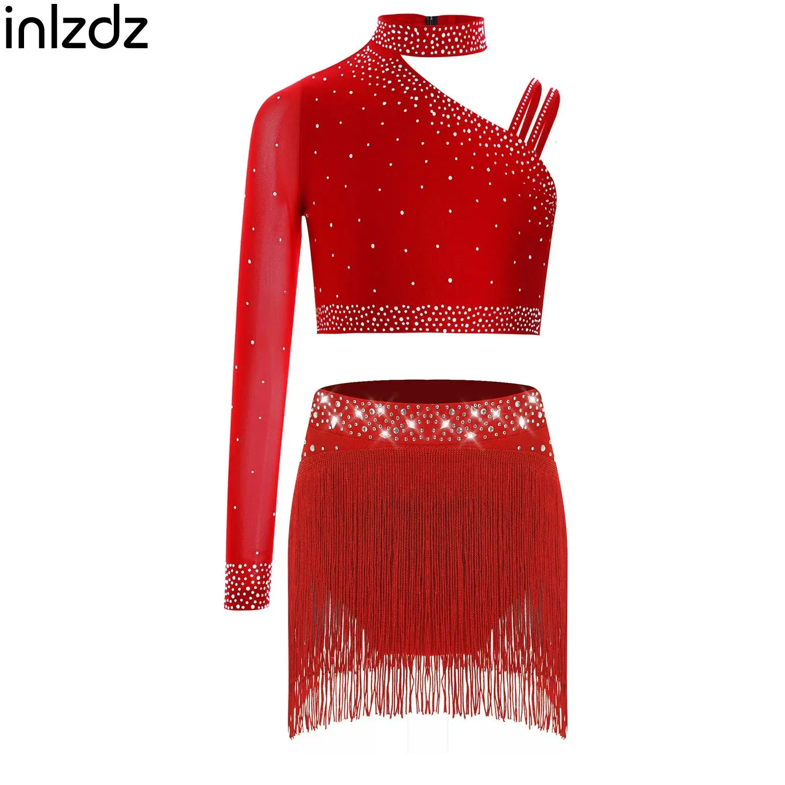 

Teen Rhinestones Ballet Lyrical Modern Dance Costume Girls Irregular Shoulder Crop Top Skirts Set Kids Stage Show Party Costumes