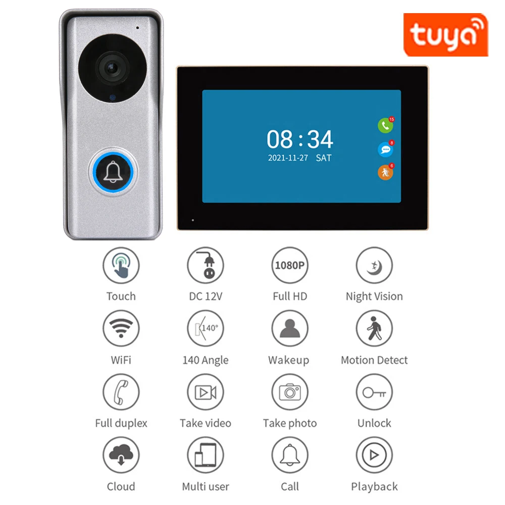 Campainha de Vídeo HD para Apartamento, Tuya App, Video Intercomunicador, Vídeo 1080P, 7 