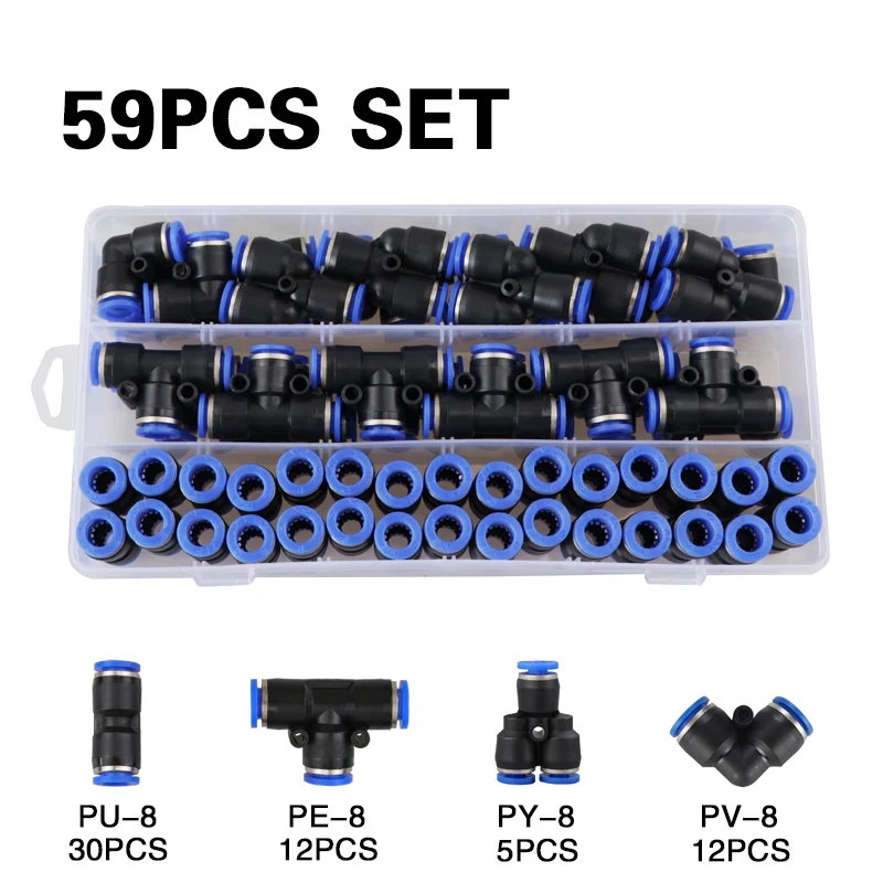 58PCS/Box Set Pneumatic Fittings PY/PU/PE/PV Water Pipes Pipe Connector PU-8mm Plastic Hose Quick Couplings Tee Air Straight Gas