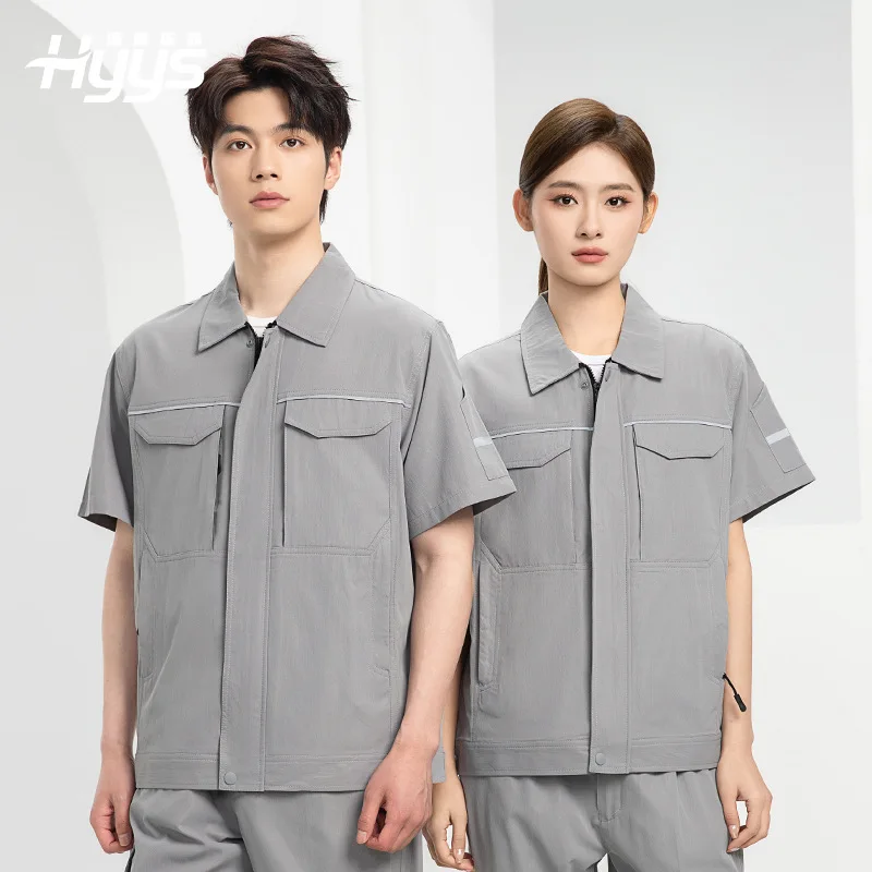Summer Short-sleeved Overalls Thin Breathable Reflective Strips Auto Repair Site Labor Insurance Clothes