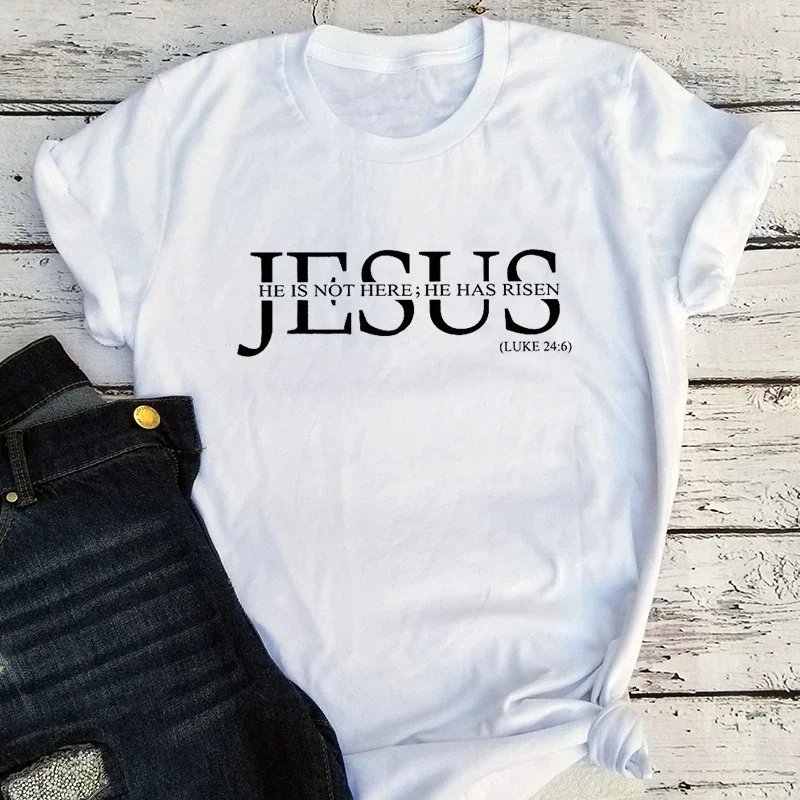 Jesus T Shirts Classic Jesus Couple Clothes He Is Not Here He Has Risen Religious Streetwear Print Women Tshirt