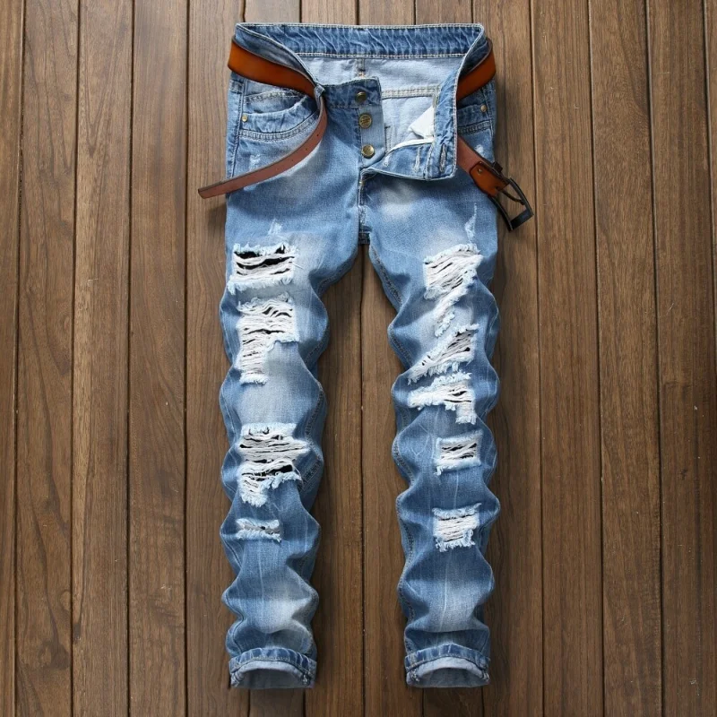 28-38 Men Blue Hole Ripped Jeans Casual Fashion Cotton Stretch Slim Fit Denim Pants Trousers Streetwear Hip Hop no belt