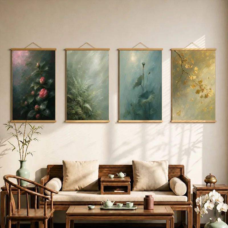 Wall Art Lotus Pods in Quiet Water, Wabi Sabi Decor Pearlescent Canvas Hanging Scroll with Wooden Rods for Meditation Room