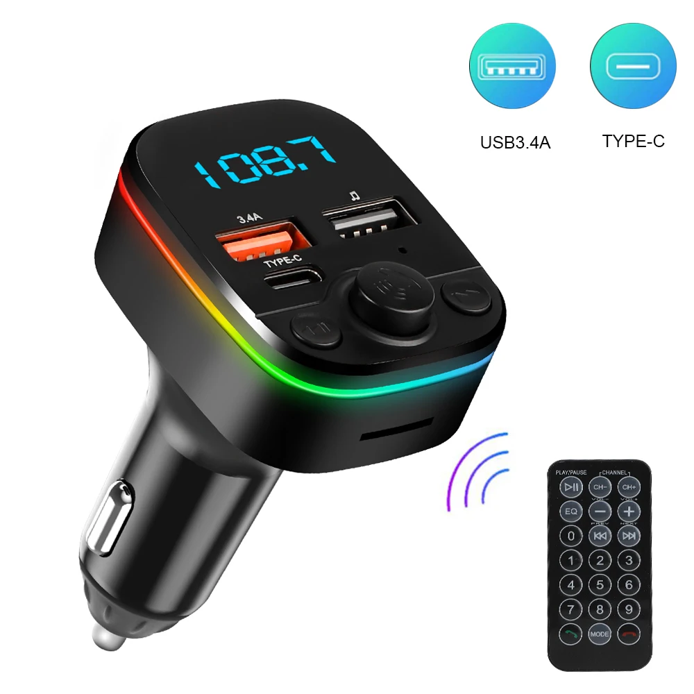 

Car FM Transmitter Bluetooth 5.0 Handsfree With Type-C Dual USB 3.4A Fast Charger Ambient Light Cigarette lighter FM Modulator