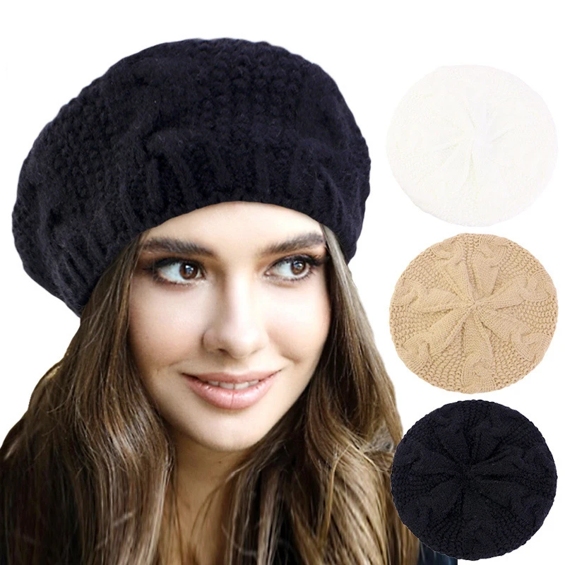 

2024 Autumn Winter Women Beret Braided Baggy Wool Knitted Warm Beanie Hat Ski Cap Korean Girls Twisted Slouchy Headwear Beanies