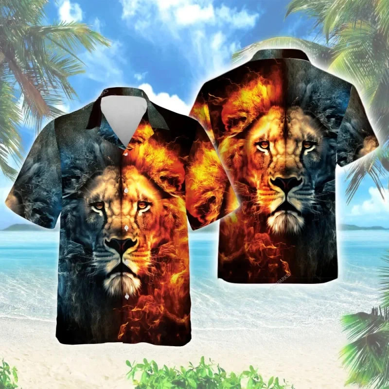 Oversized Plus Size Summer Men's Shirts Lion American Fashion Men Short Sleeve Hawaii Holday Party Shirt Female Clothing Lapel