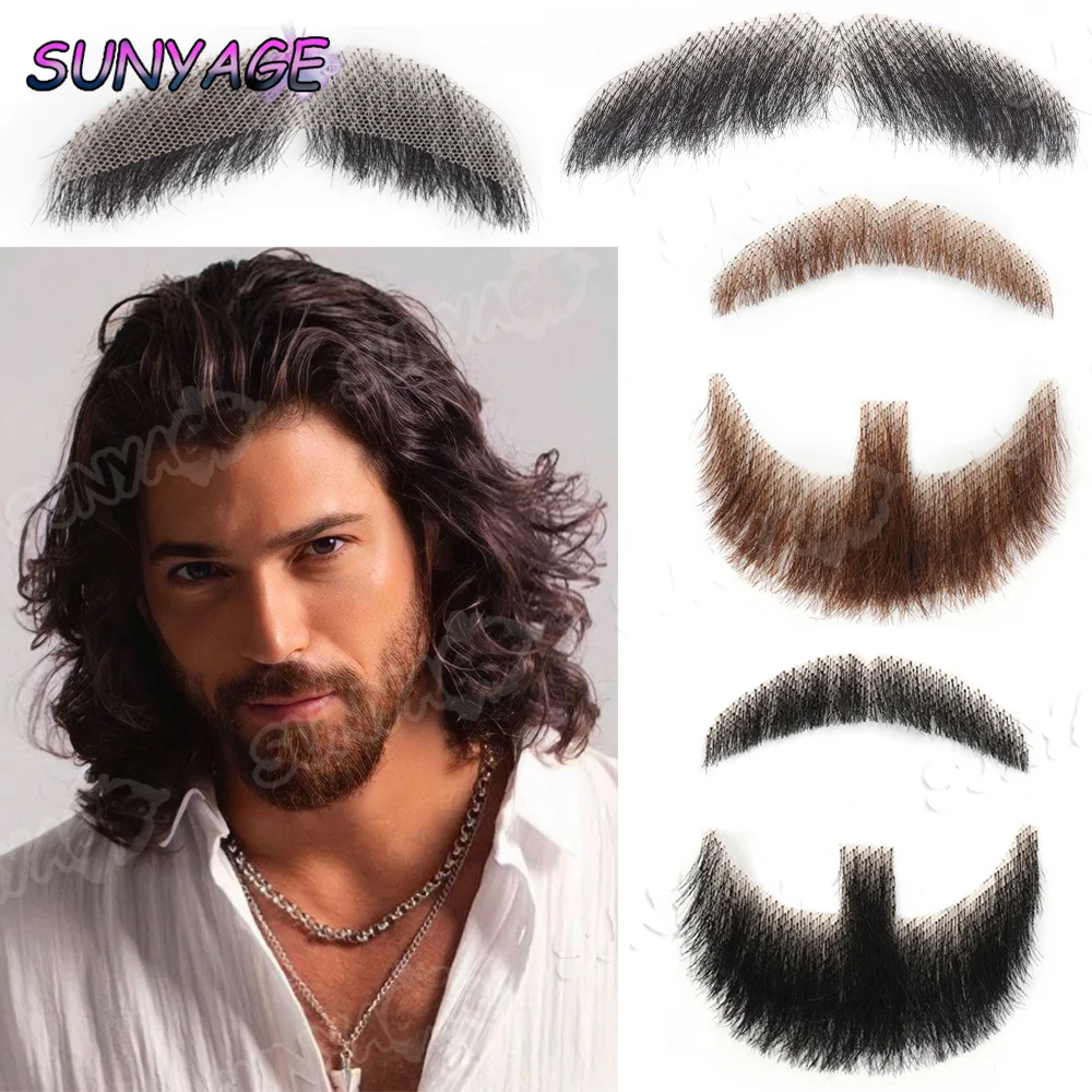 

Black Fake Beard For Men Natural Human Hair Invisible Swiss Lace Brown Straight Thick Facial False Beard Makeup synthetic