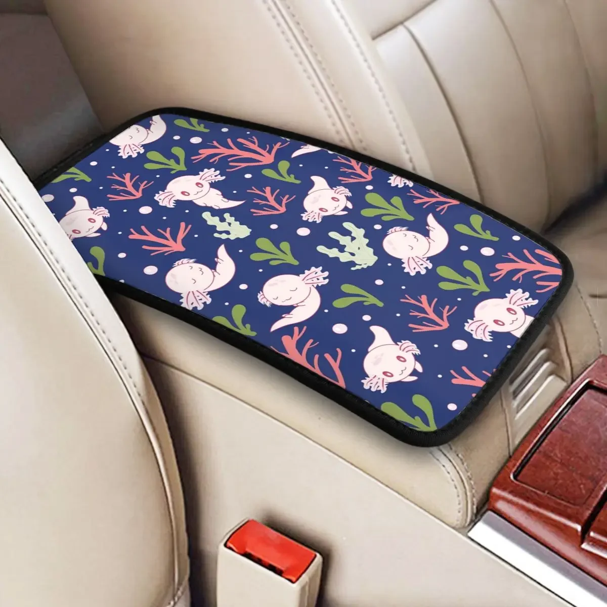 Leather Car Armrest Cover Mat Cute Axolotl Breathable Center Console Cover Pad Fish Aquatic Animal Car Interior Accessories