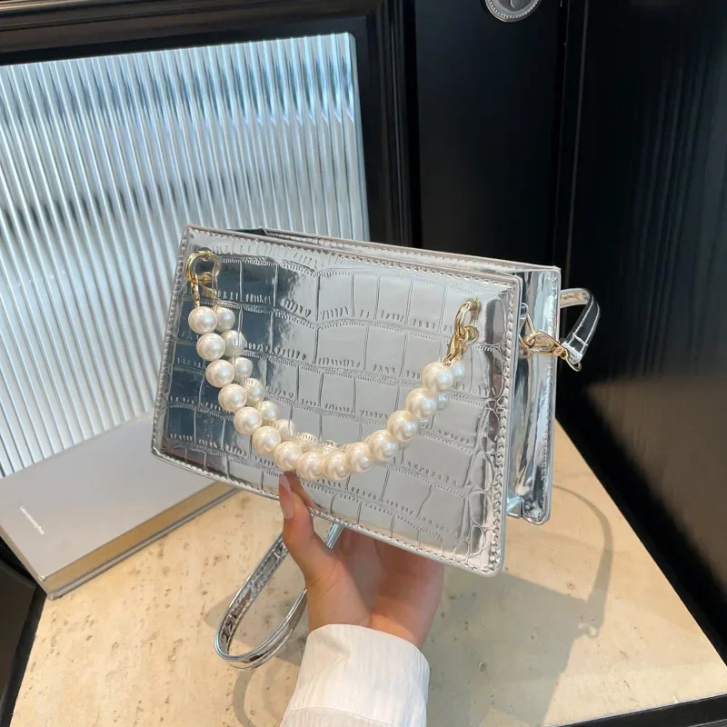 

High value pearl chain portable small square handbag shoulder messenger bag commuter women's bag