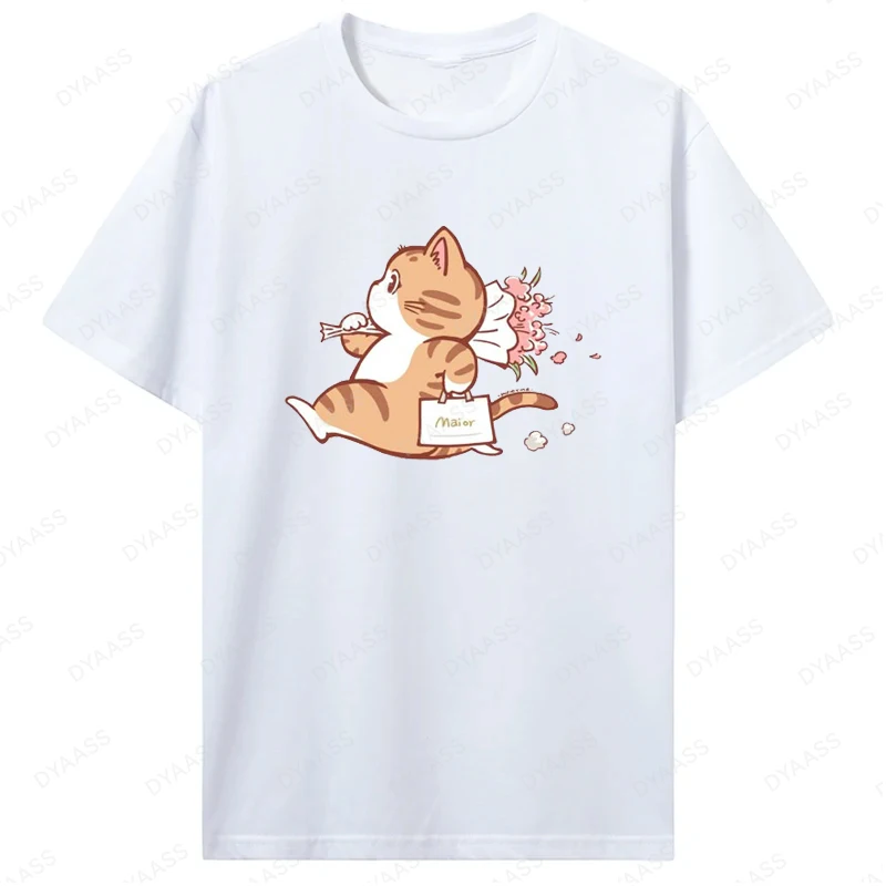 

Summer Fun Cat Ok Printed T-shirt, Comfortable and Soft O-neck Top, Holiday Casual Women's Clothing
