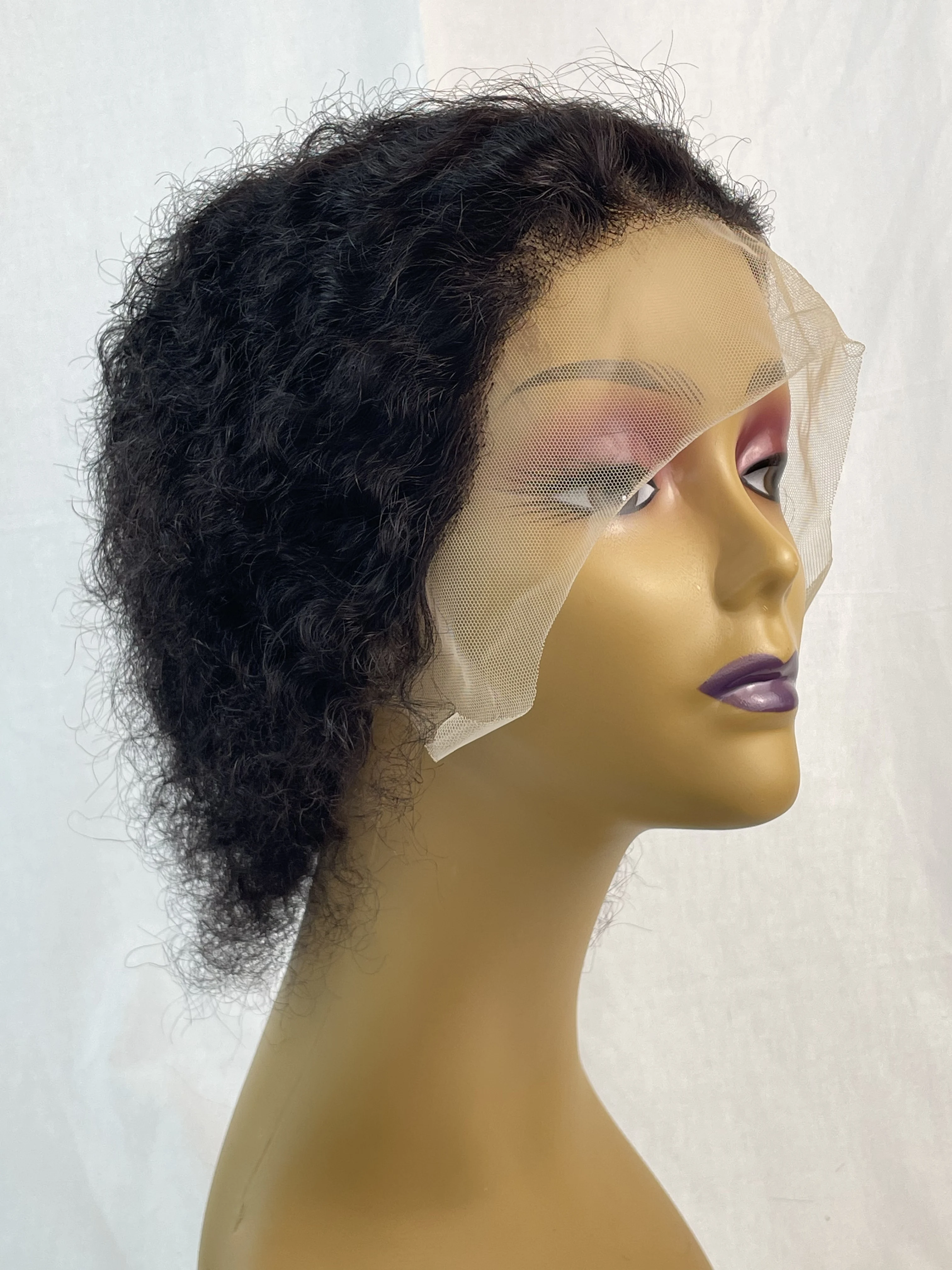 ナチュラルブラックカラー ピクシーショートカール 100%人毛ウィッグ 13x1レースフロントウィッグ 人毛ショートカール