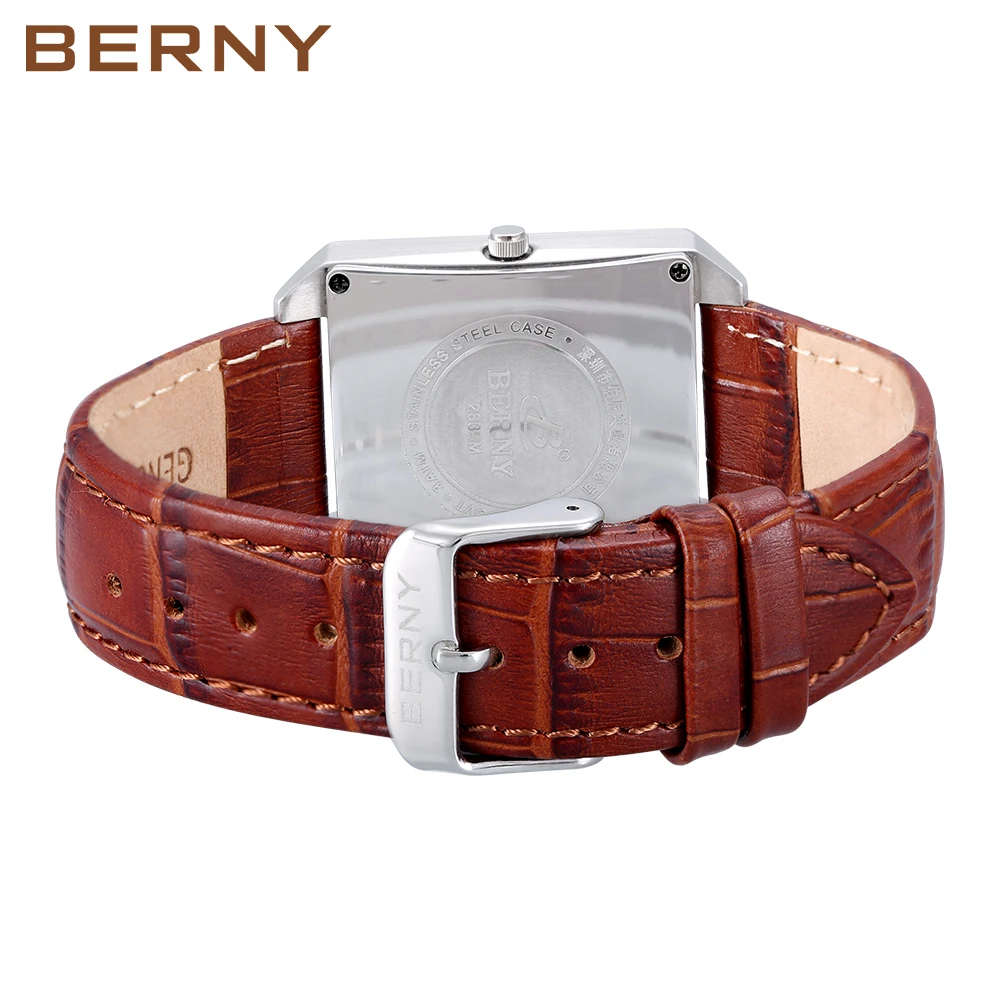 BERNY Men Watch Square Quartz Movement Miyota Calendar Tank Wristwatch Relogio Masculino Leather Strap Waterproof Male Clock