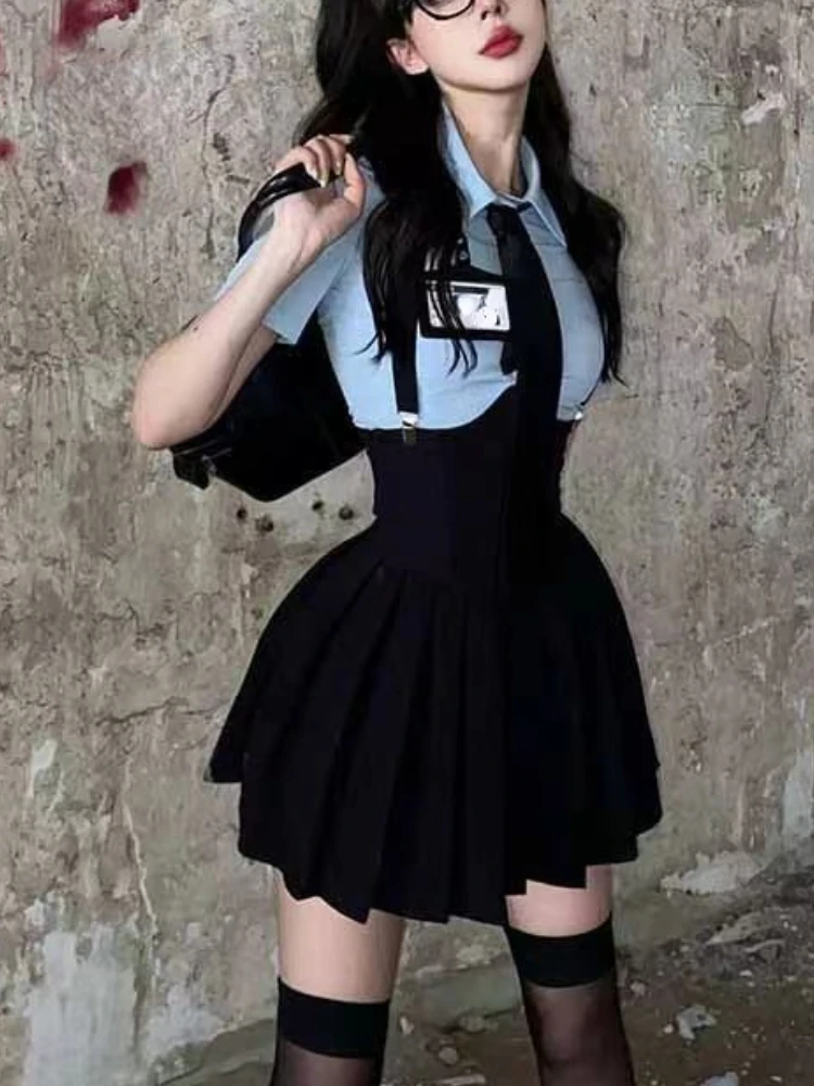 Preppy Style Womens Two Piece Sets Shirt Sexy Outfit High Waist Corset Strap Pleated Skirt Vintage School Uniform Suit Summer