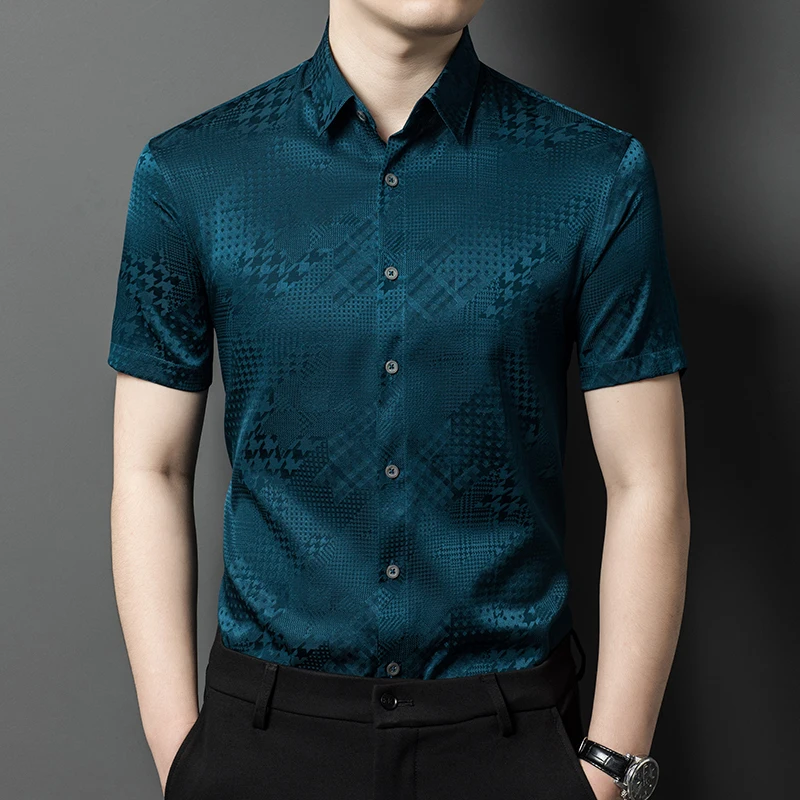 Houndstooth Real Silk Shirts For Men Short Sleeve Fashion Casual Summer New Quality Soft Comfortable Gentleman Camisas De Hombre