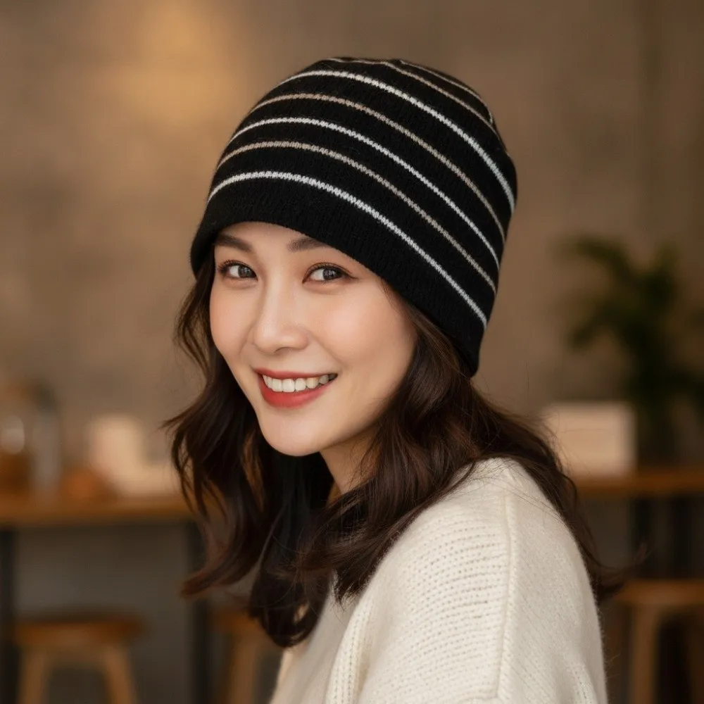 Loose Fit Striped Beanie Hat Thick Warm Soft Texture Tie Strap Cap Stretchy Korean Style Knit Bonnet Cap Daily Travel
