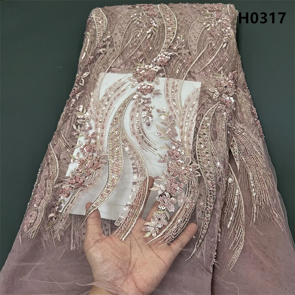 

High Quality 2024 Latest Tulle Lace Fabric African Nigerian Sequins Sewing Guipure Beads Stone Embroidery Dresses 5yards H0317