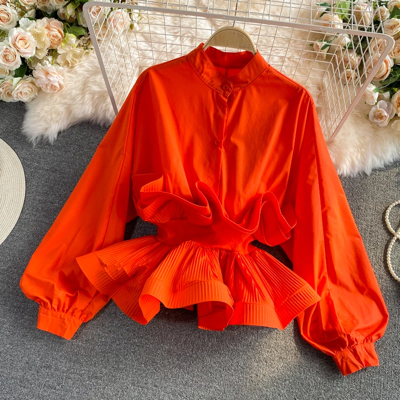 

Французская милая рубашка в стиле ретро, женская дизайнерская ниша, осень 2023, новинка осени, утягивающая талия с листьями лотоса и очень сказочный топ