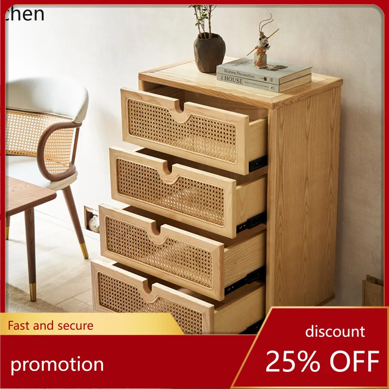 HXL Solid Wood Rattan Chest of Drawers Simple Storage Cabinet Entryway Cabinet