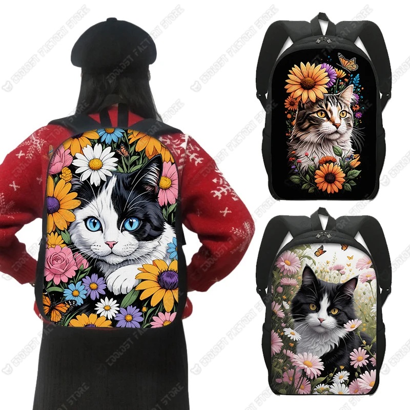 Cute Cat and Flowers Pattern Backpacks for Teenager kitten Women Rucksack for Travel Student School Laptop Bag Bookbag