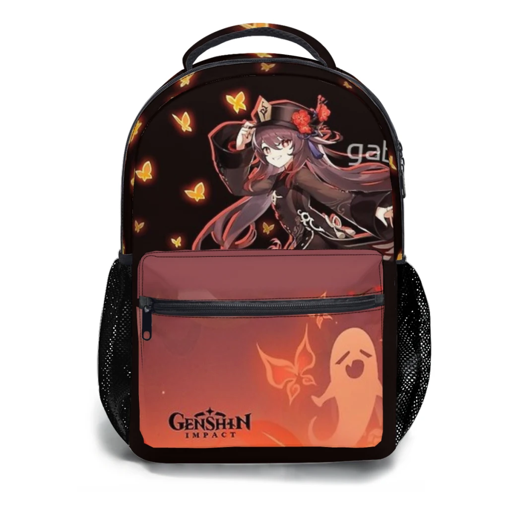 Genshin Impact Hu Tao Mochila para Crianças, Mochila Escolar dos Desenhos Animados do Estudante, Grande Capacidade, 17"