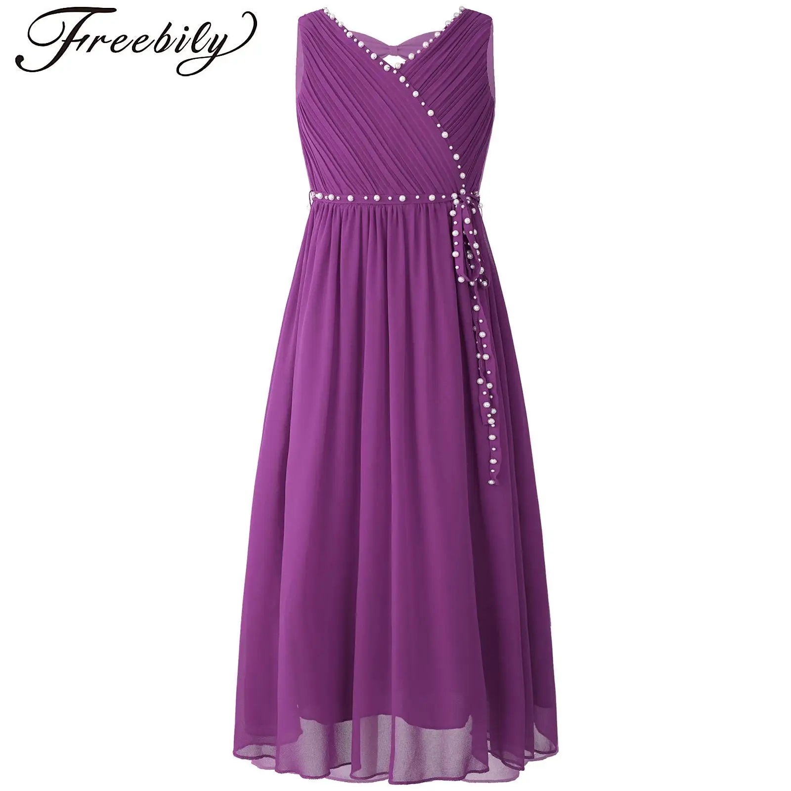 

Flower Girls Dress Elegant Beaded Chiffon Dress V Neck Sleeveless Princess Dress And Detachable Sash Wedding Birthday Party Gown