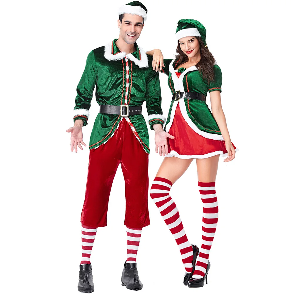 Set Cosplay di elfo di natale verde per uomo e donna vestiti di natale a maniche lunghe vestito di babbo natale Set di abiti da festa di natale fantasia