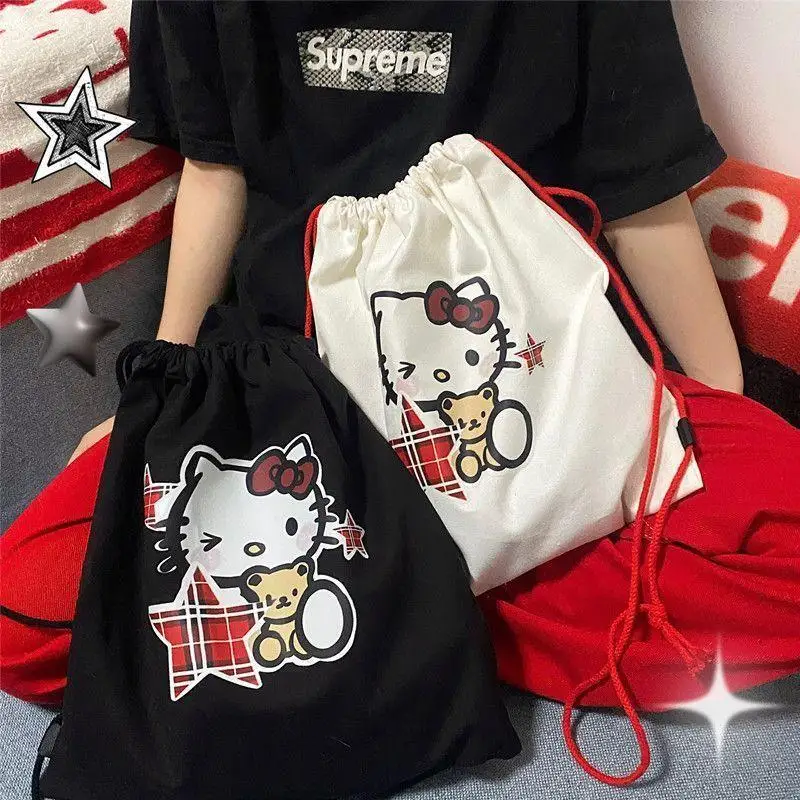 New Kawaii Cute Sanrio Hellokitty Bag Double Shoulder Canvas Bag Drawstring Bag Cartoon Cute Birthday Gifts Girlfriend Gifts