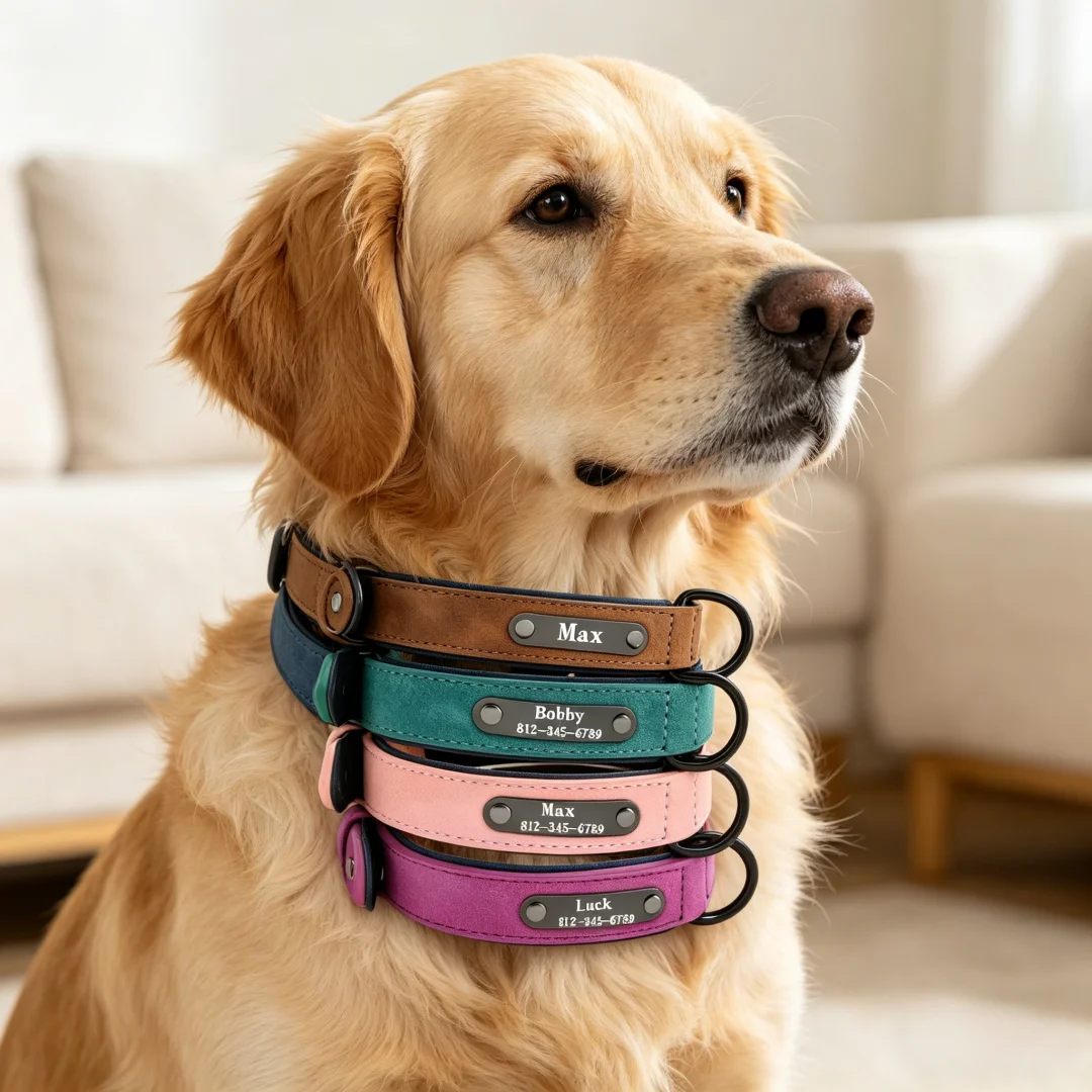 Personalisierte Namens-ID-Tags für Hundehalsbänder, individueller Textname, PU-Leder-Hundehalsband für kleine, mittelgroße und große Hunde, Pitbull, Bulldogge, Beagle – Detail 5