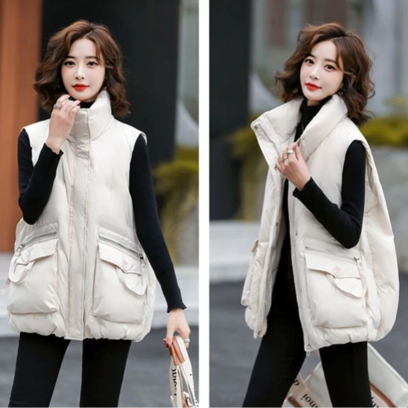 Women's Autumn Winter Down Cotton Vest Loose Fit Waistcoat Outerwear Fashionable Stylish Large Pockets Embroidery Waistcoat Vest