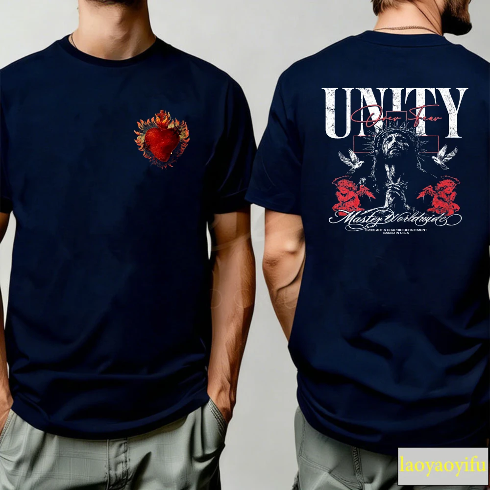 T-shirt vintage pour homme à col rond, imprimé Lettre de l'Unité Jésus Rose Colombe, délavé et vieilli, manches courtes, style gothique, streetwear, Tops