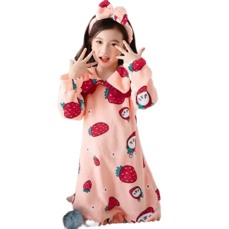 

Children's Autumn Winter Flannel Pajamas Baby Girls Cartoon Lapels Long-sleeved Nightgown Girls Thickened Long Home Clothes