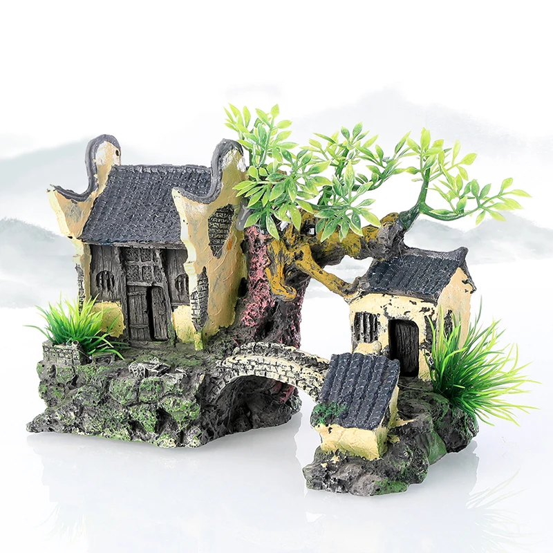 Resin Aquarium Decoration Simulated Attic Pavilion Artificial House View Rock CaveTree Fish Tank Ornament Pet Supplies Home Deco