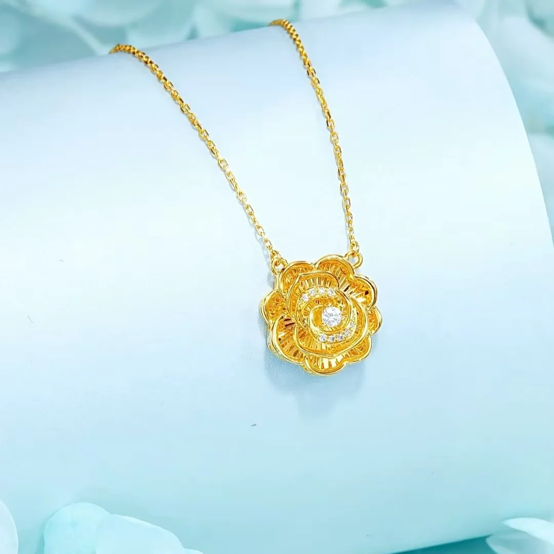 

Luxury 24K 9999 Pure Gold real gold Women's three-dimensional diamond rose pendant necklace