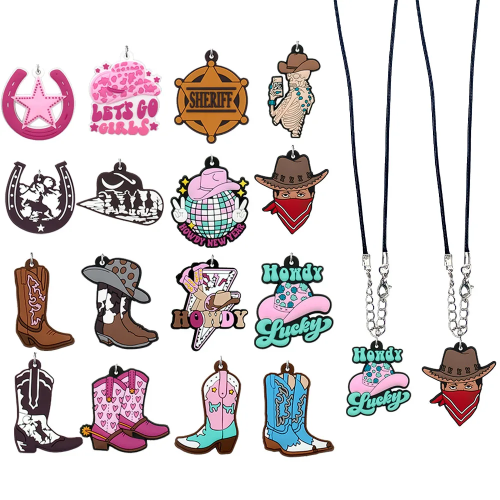 1/16pcs Cowboy Style Necklace Pink Hat Boots Horseshoes Scarf Cowgirls Pendant Necklace for Girls Skeleton Police Badge Chains