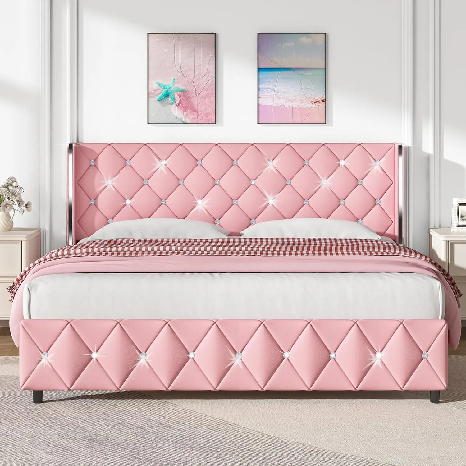 HOMBCK King Size Bed Frame, Modern Upholstered Bed Frame King Size with Diamond Tufted Headboard, Faux Leather Diamond Headboard