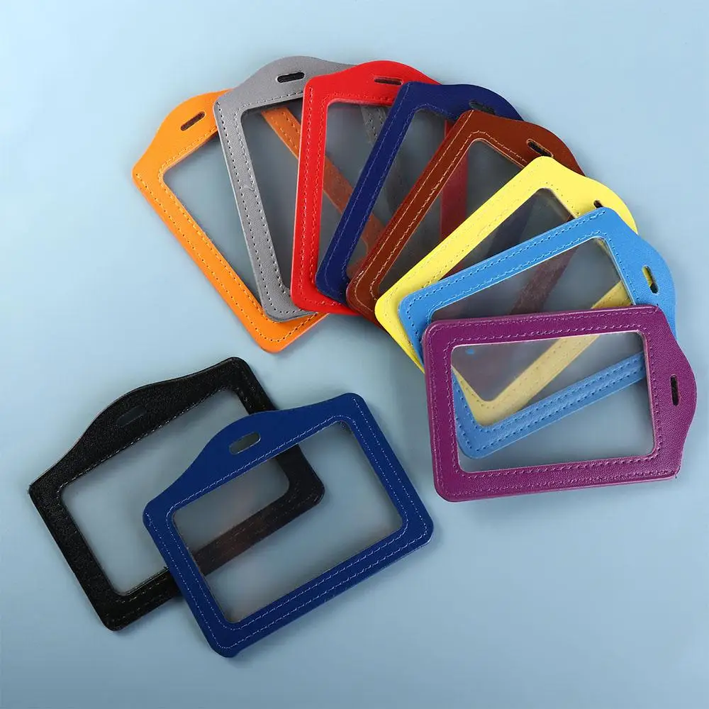 

1pc Colorful PU Leather ID Badge Case Double-Sided Transparent Credit Card Holder Work Office Supplies