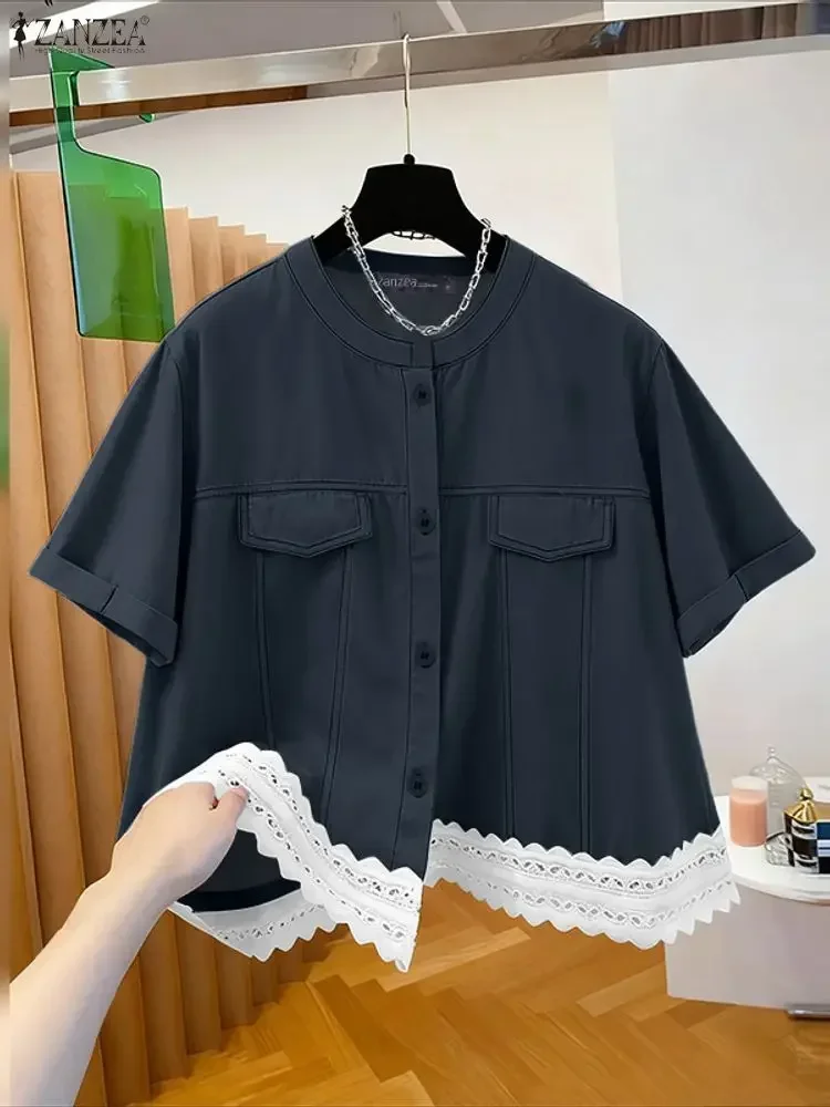 2025 ZANZEA Camicie da donna estive Moda manica corta in pizzo Patchwork Camicetta Bottoni eleganti Tunica allentata casual Top Blusa vintage