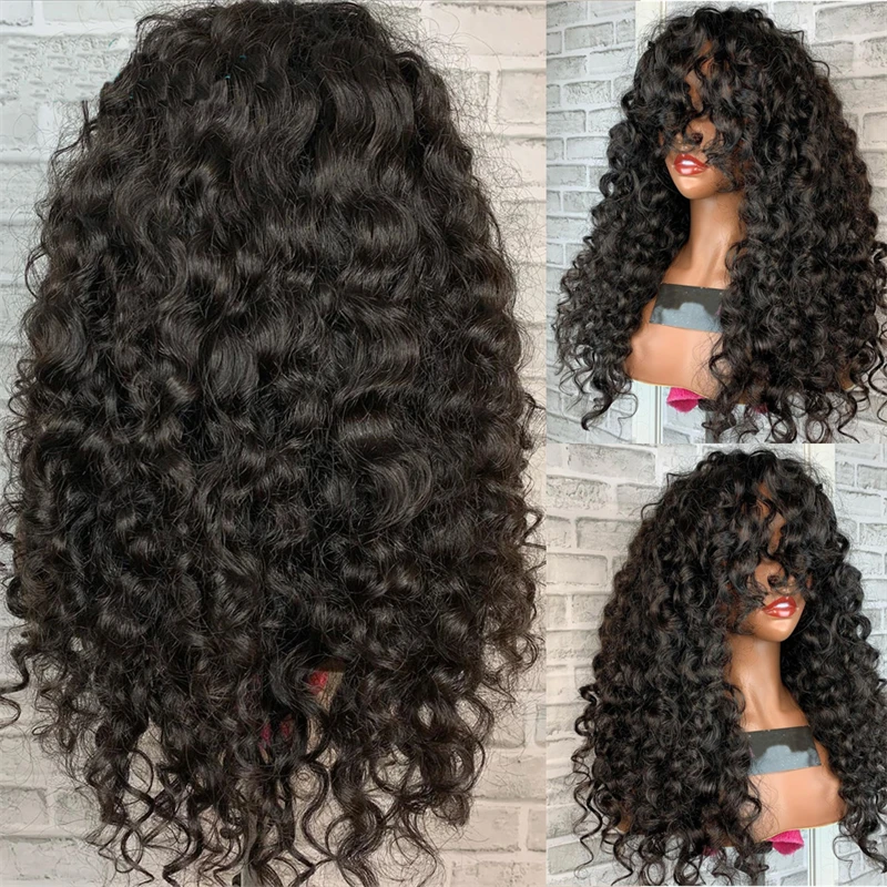 

Long Soft 180Density 26 Black Color Kinky Curly Machine With Bangs For Women Babyhair Preplucked Heat Resistant Glueless Daily