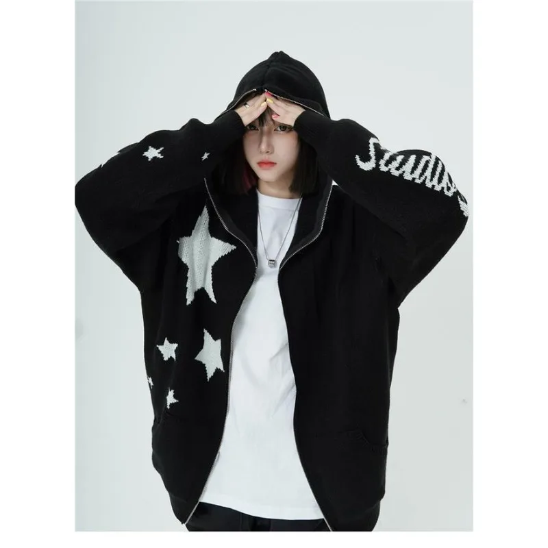 Deeptown Gothic Black Zipper Knitted Cardigan Vintage Star Hooded Sweater Women Harajuku Streetwear Knitwear Oversized Autumn