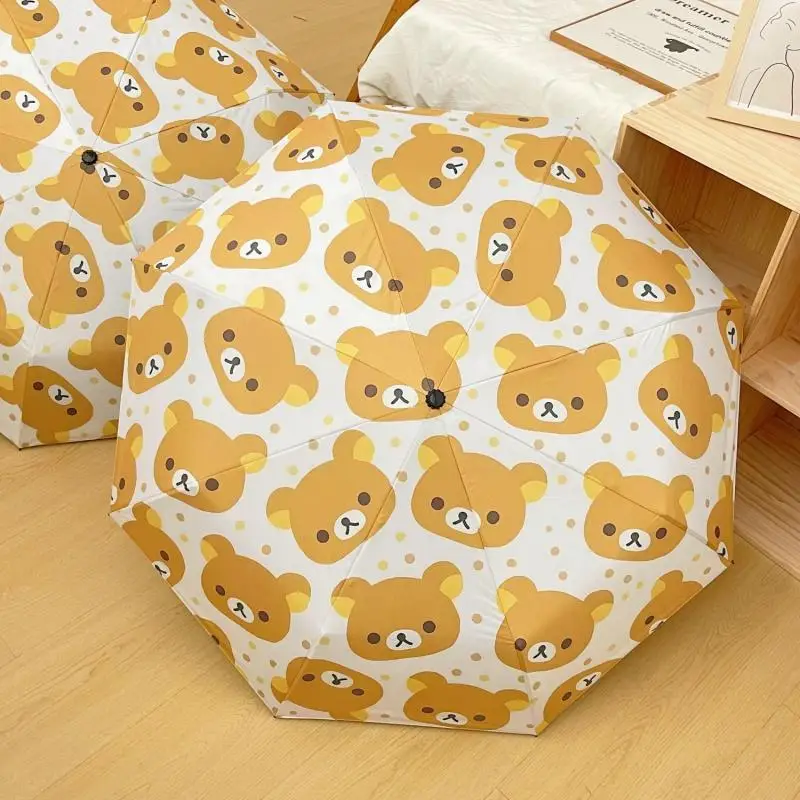 Nuovo ombrello Kawaii carino Rilakkuma ombrello da sole pieghevole completamente automatico in gomma nera regali di compleanno per cartoni animati