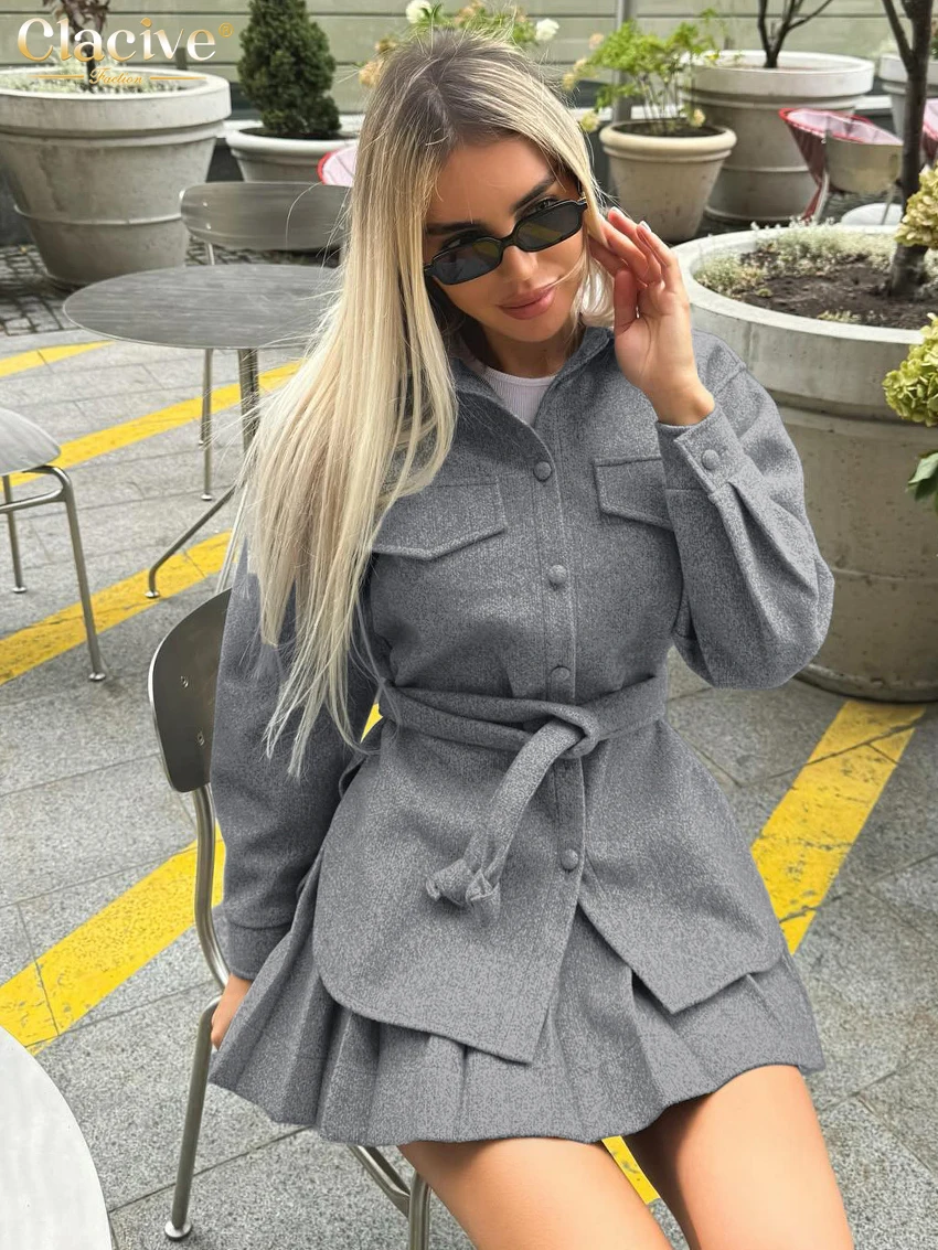 Clacive Mode Lose Grau Büro frauen Zwei Stücke Set 2025, Elegantes Langarm-shirt Mit Hoher Taille Mini Rock Set weibliche