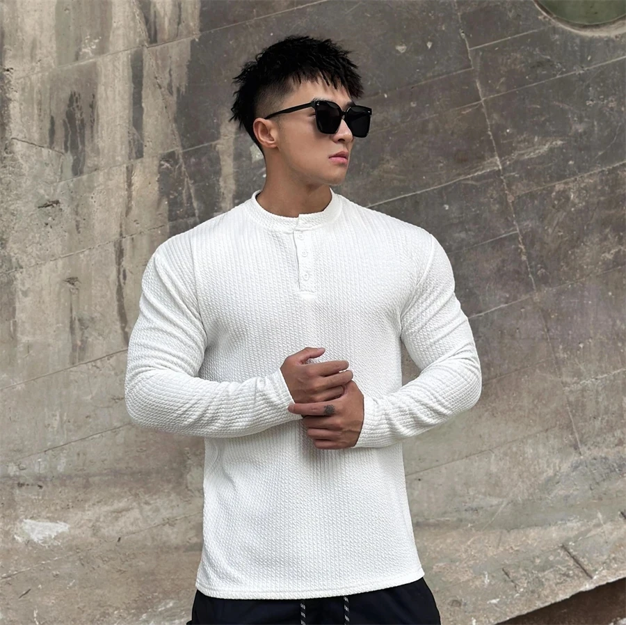 

High quality Autumn men's long sleeved T-shirt Fashion casual sports Button collar fitness running long sleeved T-shirt