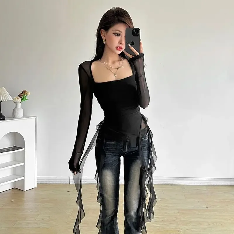 Sexy Sheer Mesh Ruffle Long Sleeve Top Women Y2K Irregular Asymmetrical Korean Crop Top Casual Autumn Chic Blouse for Party