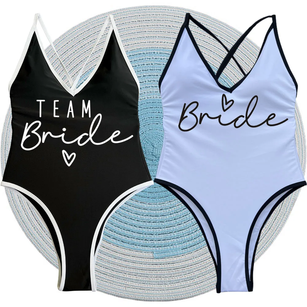 S-XL Black And White Team Bride Bathing Suits One-Piece Swimsuit Squad Women Swimwear Sexy Padded Bachelorette Party Beachwear