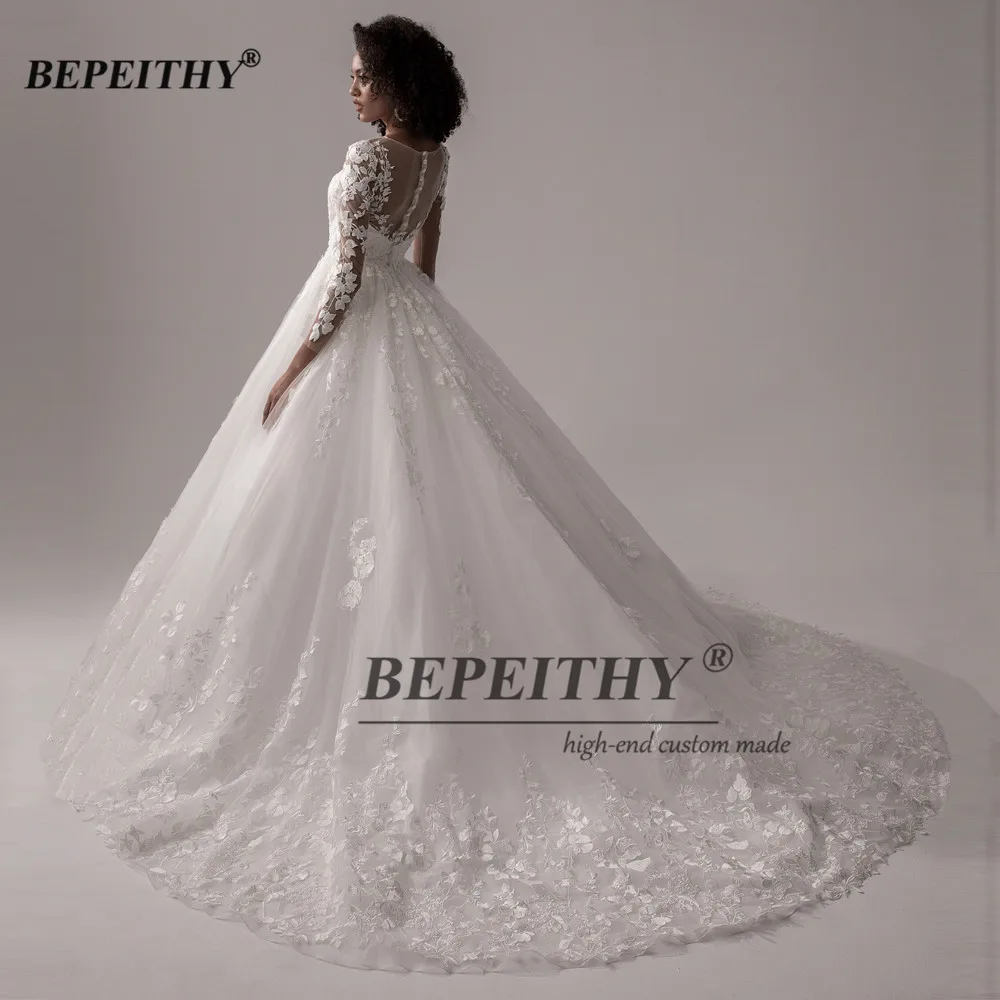 BEPEITHY Customized Vintage Lace Wedding Dresses For Women 2023 Full Sleeves Princess Bridal Gowns Court Train Scoop Bride Dress